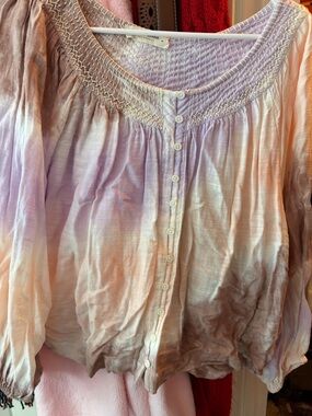 Lucky Brand Pastel Tie-Dye Button Front Peasant Blouse - Pink Purple Peach